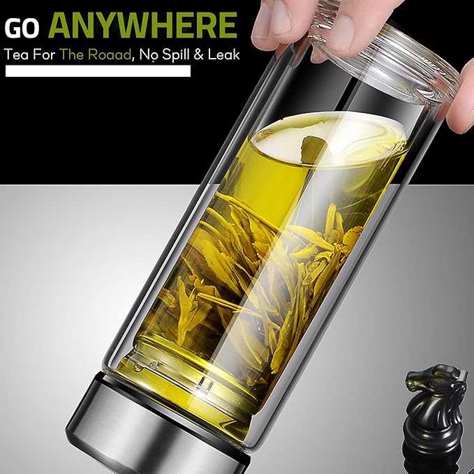 Photo 1 of Tea Tumbler with Infuser, 20oz Double Wall Borosilicate Glass Tea Bottle, 100% Leak-Proof with Stainless Steel Filter