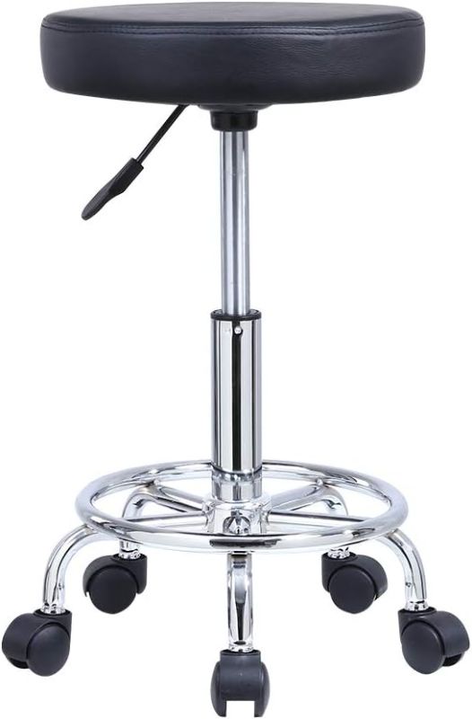 Photo 1 of KKTONER PU Leather Round Rolling Stool with Foot Rest Swivel Height Adjustment Spa Drafting Salon Tattoo Work Office Massage Stools Task Chair Cushion 14 inches (Black)