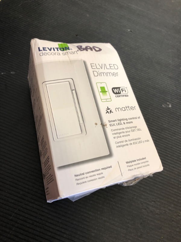Photo 1 of Leviton Decora Smart ELV/LED, Phase Selectable Dimmer Switch, Wi-Fi 2nd Gen, Neutral Wire Required, D2ELV-1BW