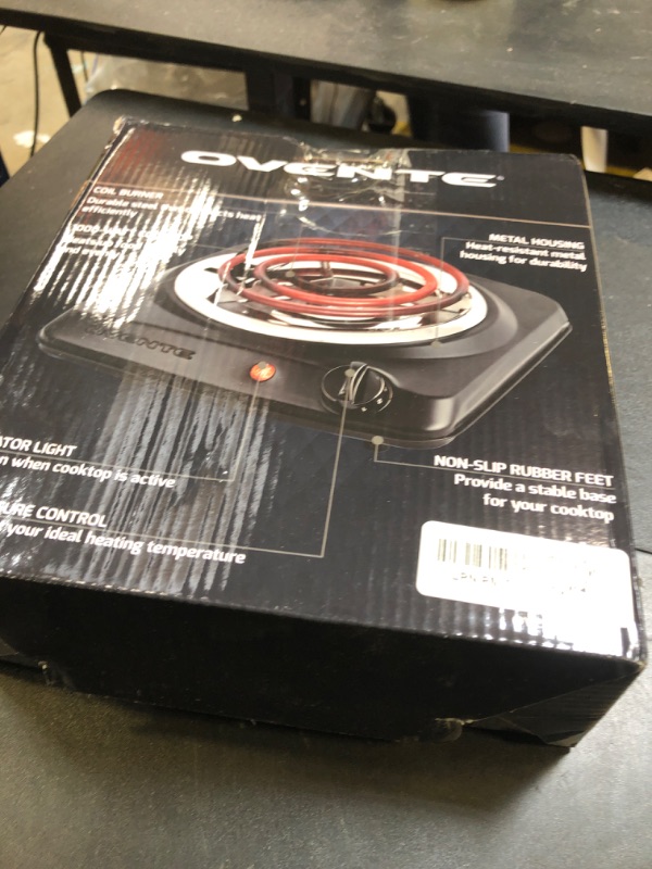 Photo 1 of OVENTE Electric Countertop Single Burner, 1000W Cooktop with 6" Stainless Steel Coil Hot Plate, 5 Level Temperature Control, Indicator Light, Compact Cooking Stove and Easy to Clean, Black BGC101B