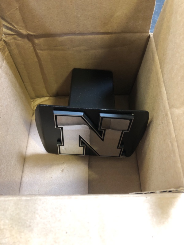 Photo 1 of Elektroplate University of Nebraska Huskers Chrome Iron N Emblem Black Metal Trailer Hitch Cover Fits 2 Inch Auto Car Truck Receiver with NCAA College Sports Logo
