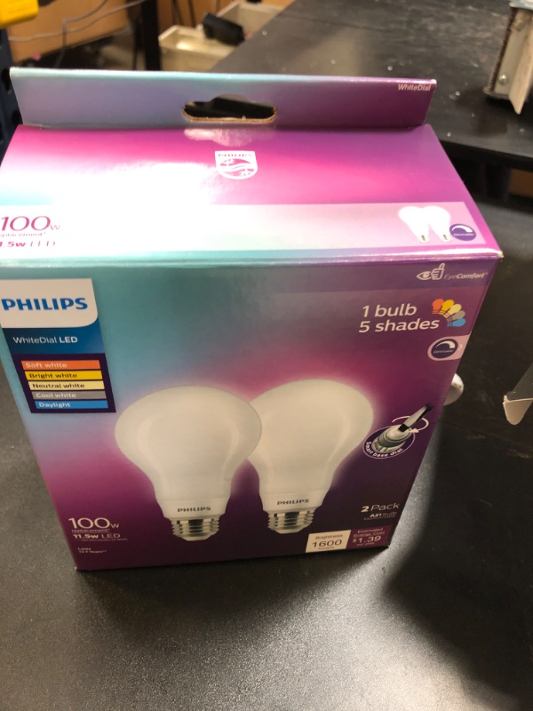 Photo 1 of PHILIPS LED White Dial Flicker-Free Frosted Dimmable A21 Light Bulb - EyeComfort Technology - 1600 Lumen - 5 Shades of White - 12W=100W - E26 Base - Indoor - 2-Pack
