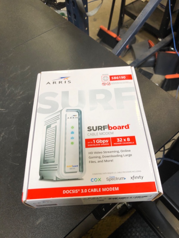 Photo 1 of ARRIS (SB6190) - Cable Modem - Fast DOCSIS 3.0 32x8 Gigabit Cable Modem, For Comcast Xfinity, Cox, Spectrum and more, 1 Gbps Port, 800 Mbps Max Internet Speed, 2 Year Warranty - (No Built-in Wifi)