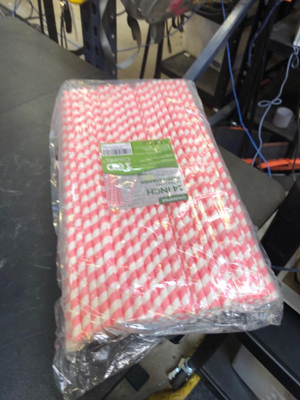 Photo 1 of Chunspak 14 inch Extra Long Disposable Pink/White Striped Paper Drinking Straws 0.31" Wide - 100 Counts, Biodegradable