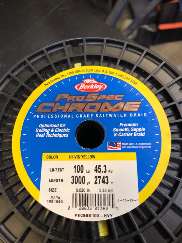 Photo 1 of Berkley ProSpec Chrome Braided Fishing Line, Hi-Vis Yellow, 100 lb | 45.3 kg, 3000 yd | 2743 m, Suitable for Saltwater Environments