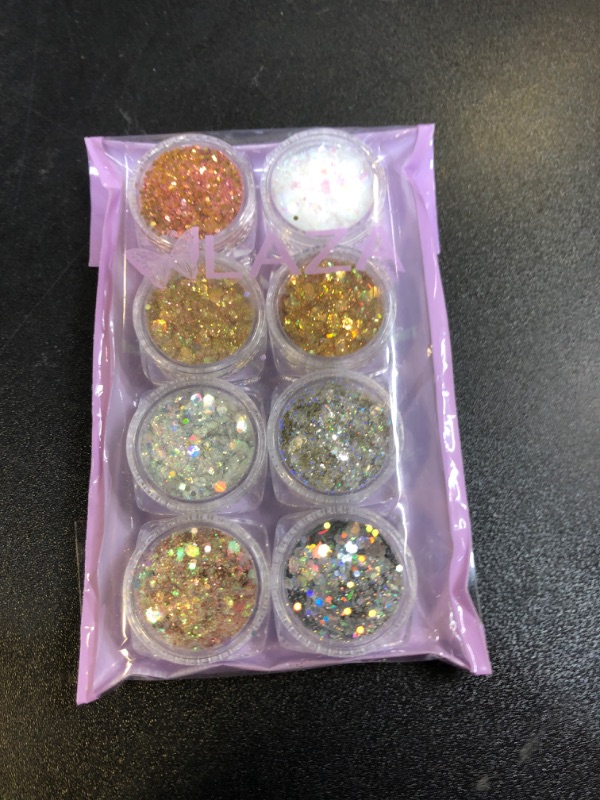 Photo 1 of Laza 8 Colors Nail Art Glitter Diamond Dust Iridescent Nail Powder Chunky Glitter Confetti Foil Flakes Sequins for Nail Art Supplies, Gel Polish, Mermaid Makeup, Body, Resin — Dancing Sparkle