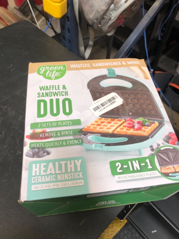 Photo 1 of GreenLife Electric Waffle Sandwich Maker, Toaster, Panini Press with Healthy Ceramic Nonstick Plates, Perfect for Tuna Melts, Crispy Rice, Grilled Cheese, LED Indicator Light, PFAS-Free, Turquoise