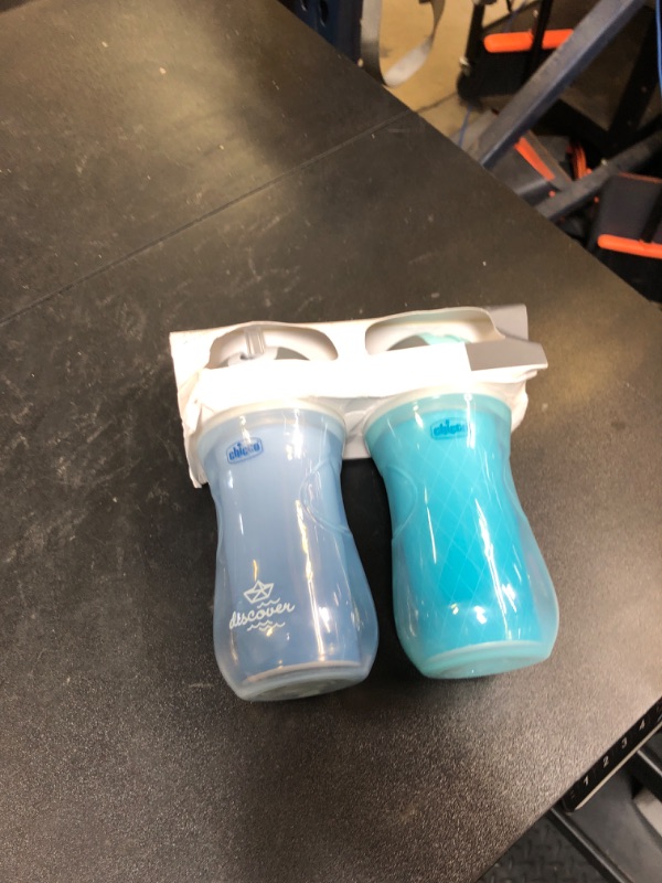Photo 1 of Chicco Double Wall Insulated Flip-Top Sippy Cup with Silicone Straw and Spill-Free Lid 9oz.| Top-Rack Dishwasher Safe | Easy to Hold with Ergonomic Indents | Blue Discover/Teal, 2pk | 12+ month