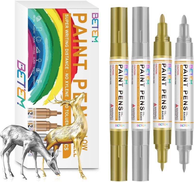 Photo 1 of Betem Oil Based Paint Markers, Dual Tip Paint Pens(0.7mm & 3mm), Gold Silver Permanent Paint Marker Pen, Waterproof, Quick Dry, for Fabric, Rock Painting, Wood, Plastic, Metal, Canvas (2Gold2Silver)
