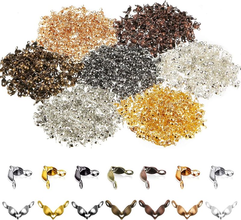 Photo 1 of Allazone 1400 PCS Bead Tips Knot Covers Clamshell Fold-Over Bead Tips Knot, 7 Colors Covers Metal Open Bead Tips Knot Covers for DIY Crafts Jewelry Making
