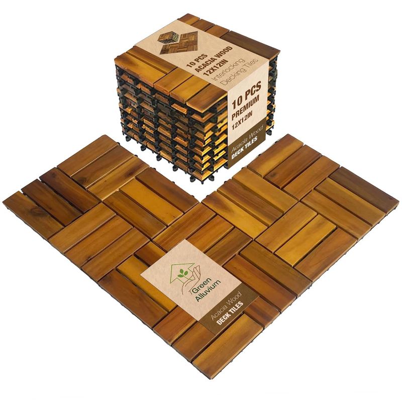 Photo 1 of 10 pcs Premium Acacia Wood Interlocking Decking Tiles – Weatherproof Patio Flooring Outdoor – Interlocking Deck Tiles for Balcony, Backyard, Garden & Poolside, All-Weather Use (Golden Teak Finish)
