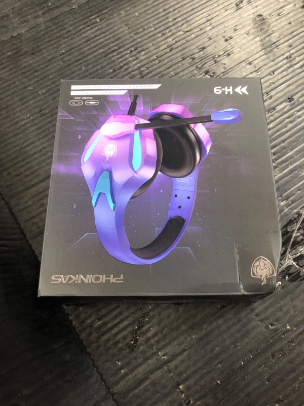 Photo 1 of PHOINIKAS PS4 Gaming Headset for PC, PS5, Xbox Headset with 7.1 Stereo Sound, Over Ear Gaming Headphones for Switch, Mobile PS4 with Noise Cancelling Mic, LED Light (Violet)