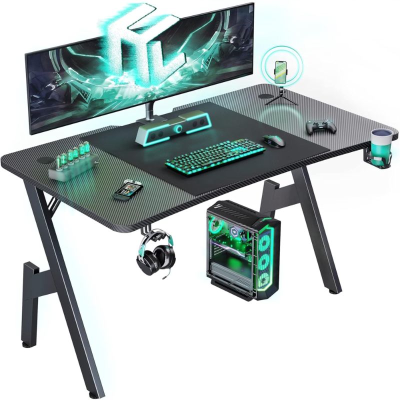 Photo 1 of Sycol 55 Inch Gaming Desk with Carbon Fibre Surface Large Computer Desk Gaming Table Ergonomic Pc Workstation Home Office Desks with Cup Holder & Headphone Hook
