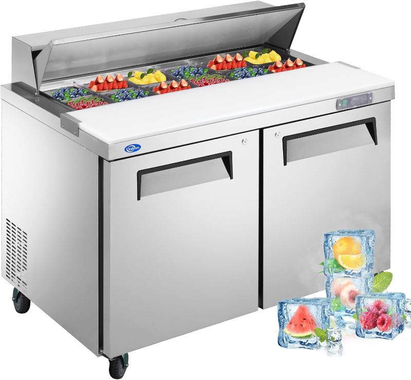 Photo 1 of One  wheel is bent 48" W 2 Door Refrigerator Sandwich Salad Prep Table Commercial Stainless Steel Fan Cooling Refrigerator with Cutting Board, 2 Shelves & 12 Pans for Restaurant, Bar, Shop-12.9 Cu.ft