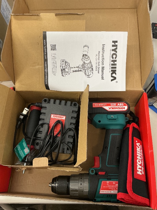 Photo 1 of HYCHIKA Cordless Hammer Drill Driver 20V, 400 In-lbs Torque Impact Power Drill with Side Handle,1/2”Metal Chuck 21+3 Clutch, 2.0Ah Battery, LED Light for Drilling Wood Metal Wall