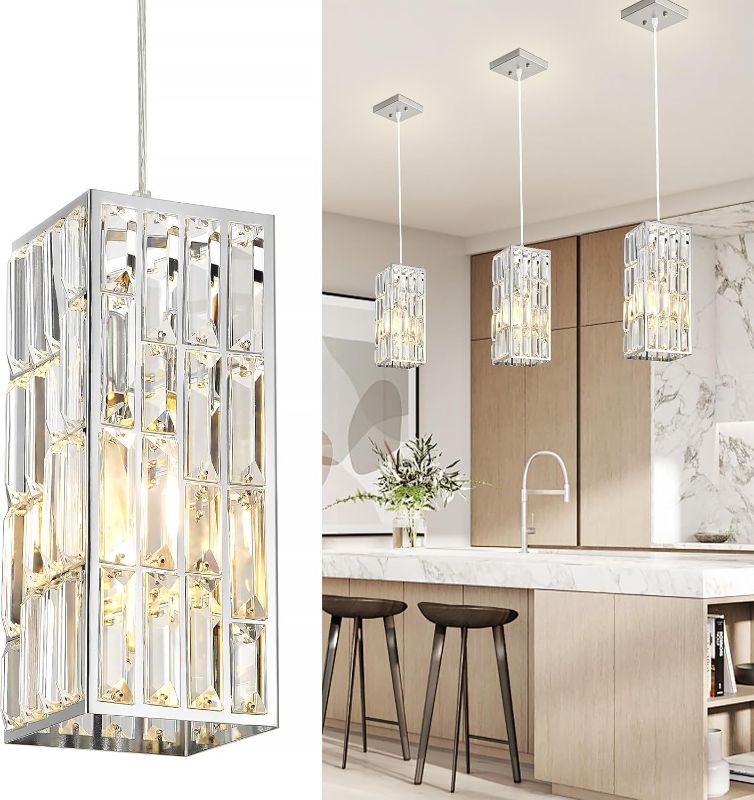 Photo 1 of Biewalk Chrome Pendant Light with Crystal Glass, Modern Square Pendant Lights Kitchen Island Adjustable Chandelier Pendant Lamp Fixtures for Bedroom, Foyer, Dining Room, Entryway
