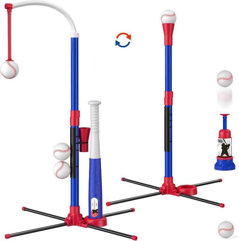 Photo 1 of 3-in-1 Baseball Set for Kids 3-5 - Tee Ball Stand, Hanging Tee, Ball Launcher and 6 Softballs - Adjustable Height, Indoor/Outdoor Sport Gifts for Boys, Blue
