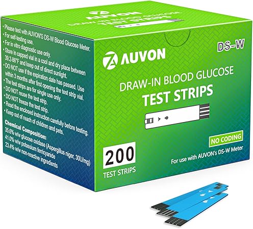 Photo 1 of AUVON DS-W Draw-in Blood Glucose Test Strips for use with AUVON DS-W Diabetes Sugar Testing Meter (No Coding Required, 200 Count)
