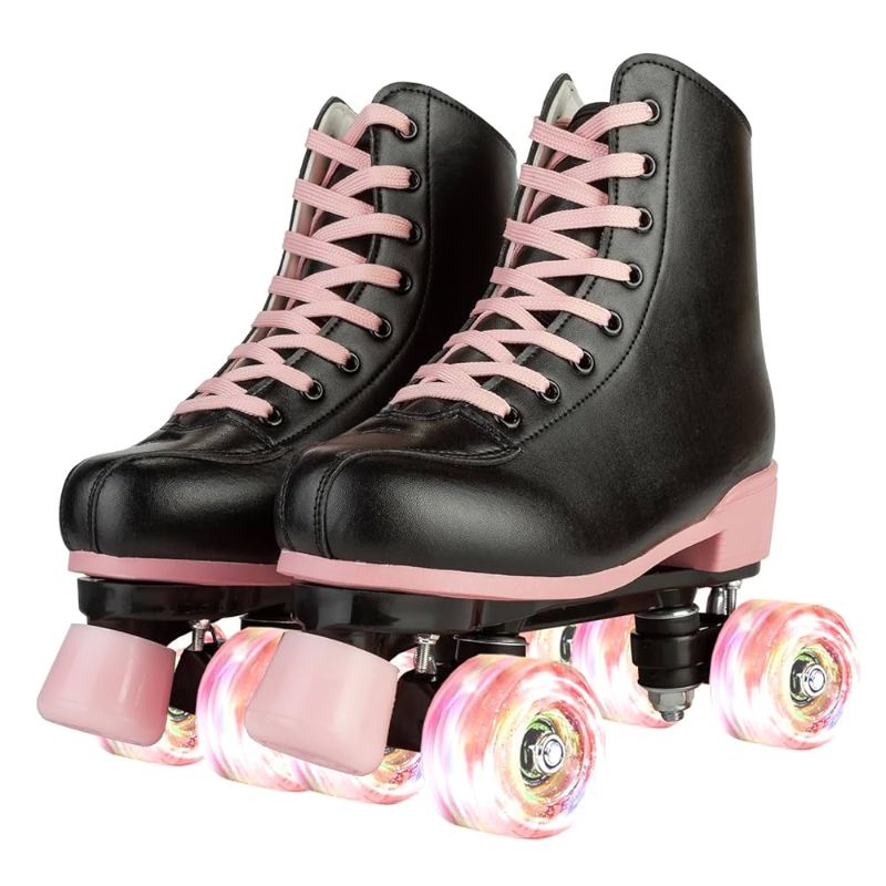Photo 1 of Roller Skates for Women Men Shiny PU Leather High-top Roller Skate Shoes for Beginner Classic Double-Row Roller Skates, Indoor Outdoor Roller Skates (Pink Wheels,38)