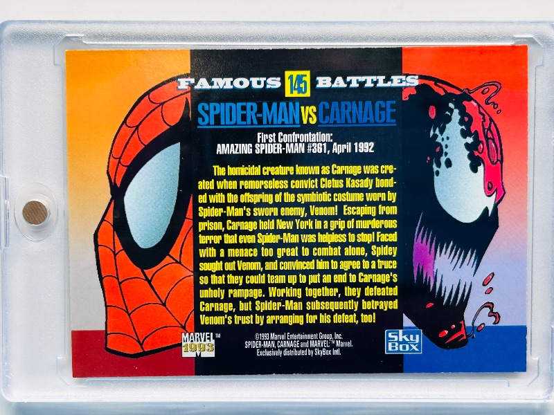Photo 1 of 025040…Spider-Man vs. Carnage card 145 in hard plastic case famous battles 