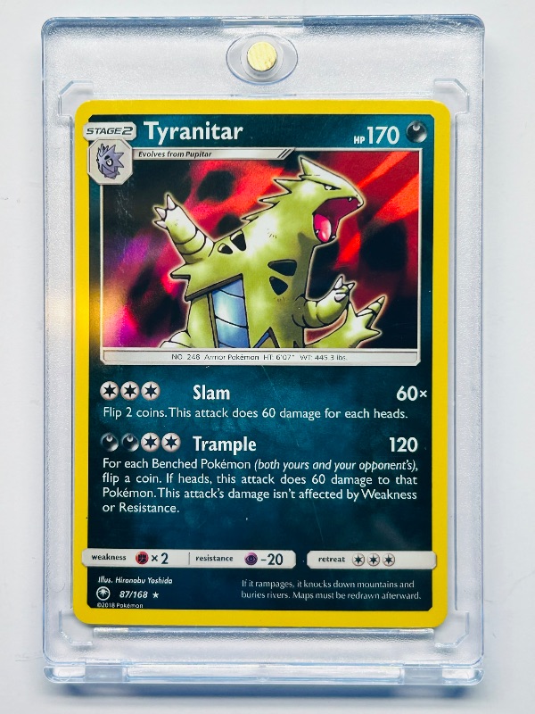Photo 1 of 025072… Pokémon holo Tyranitar card in hard plastic case