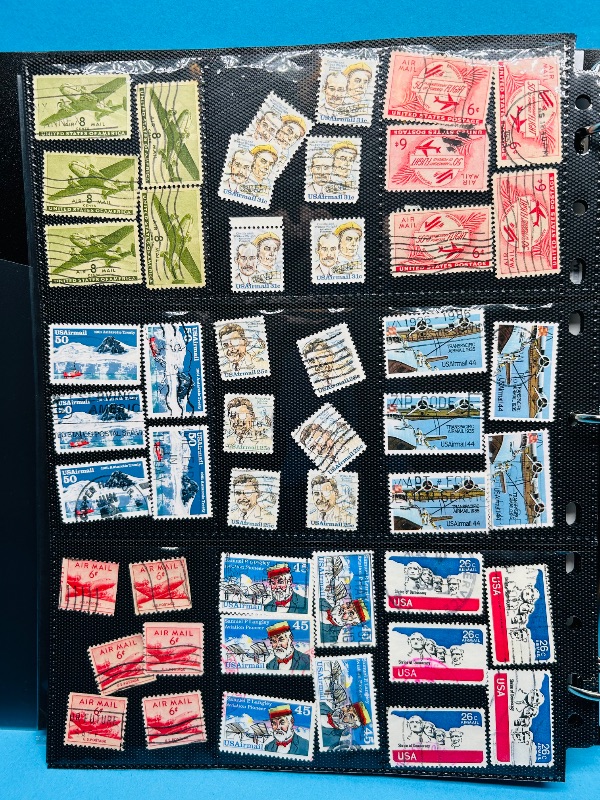 Photo 1 of 025210…4 pages vintage used air mail stamps and vintage postcards. -see photos 
