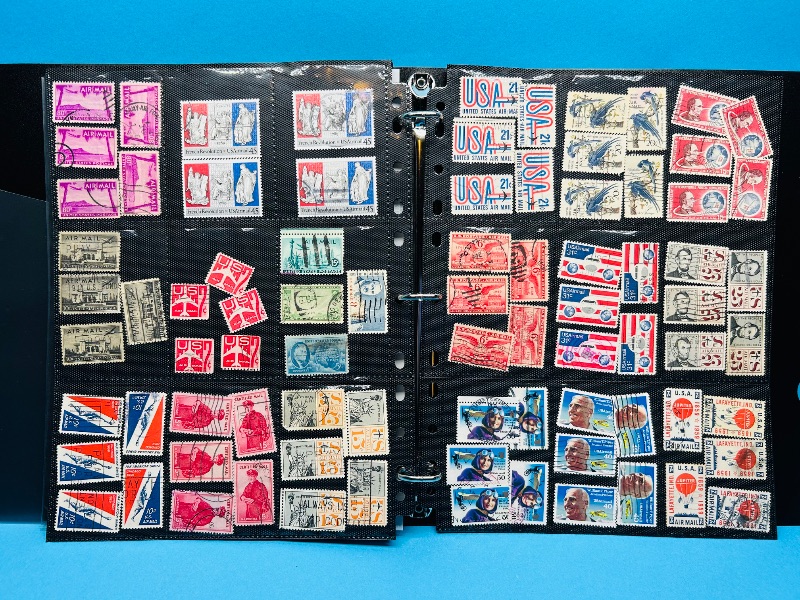 Photo 1 of 025210…4 pages vintage used air mail stamps and vintage postcards. -see photos 