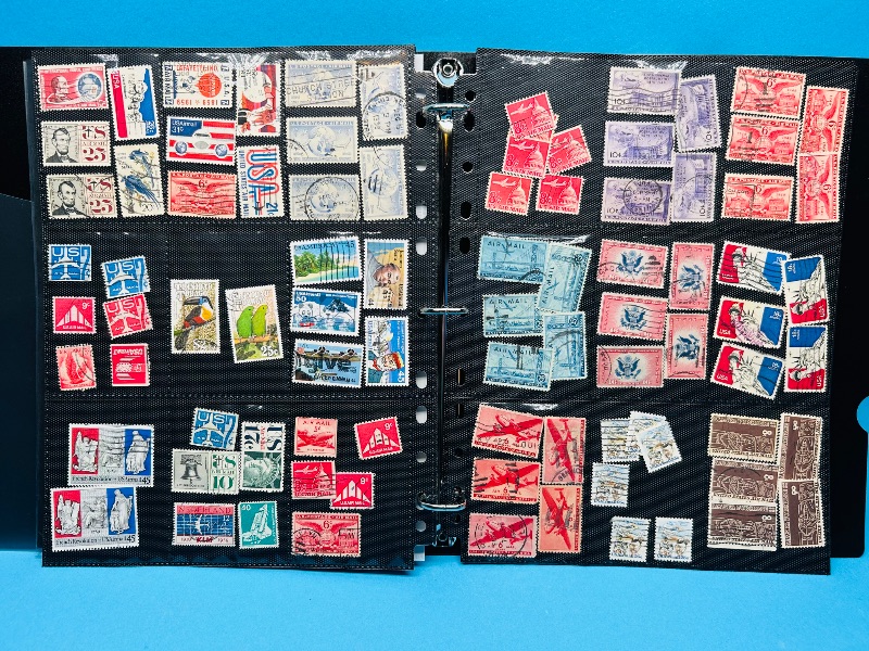 Photo 1 of 025210…4 pages vintage used air mail stamps and vintage postcards. -see photos 