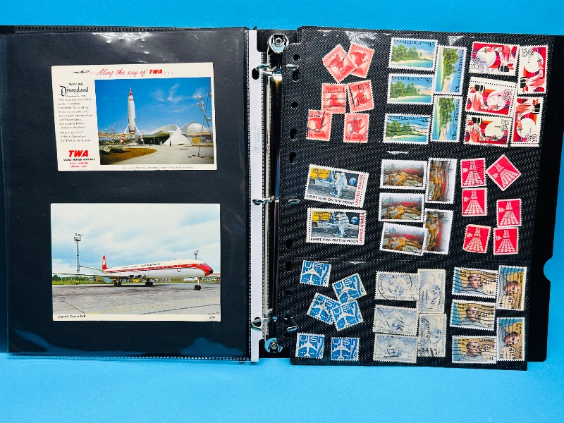 Photo 1 of 025210…4 pages vintage used air mail stamps and vintage postcards. -see photos