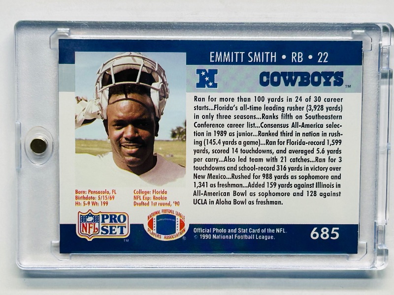 Photo 1 of 025237…Rookie Emmitt Smith card 685 in hard plastic case