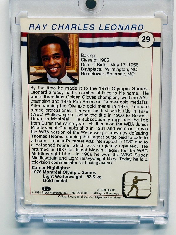Photo 1 of 025240…Sugar Ray Leonard Olympic hall of fame card 29  card in hard plastic case