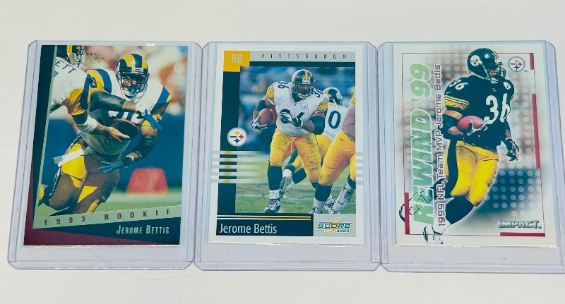 Photo 1 of 025260…3 Jerome Bettis -the BUS- cards in hard plastic sleeves 