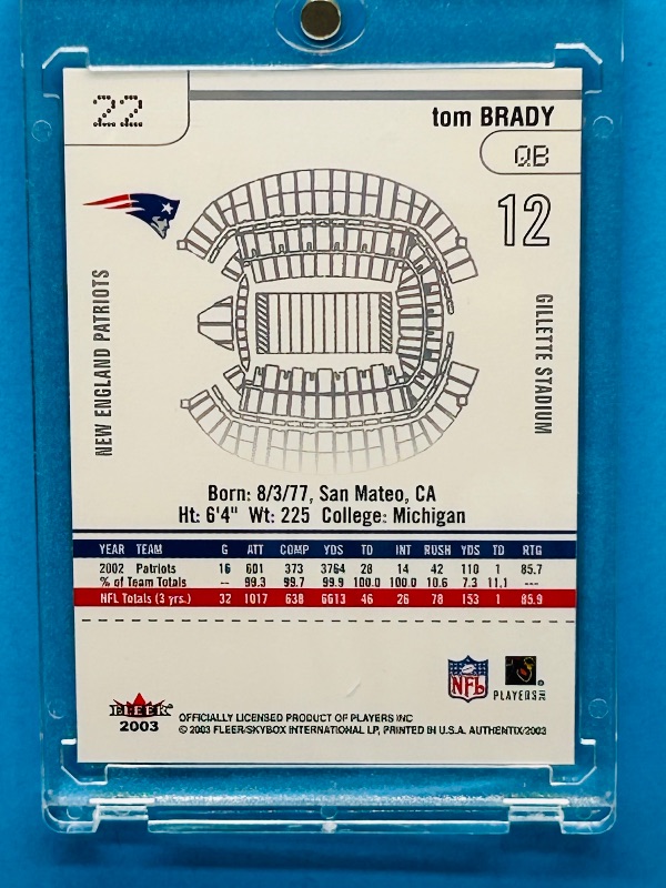 Photo 1 of 025266…Tom Brady card 22 in hard plastic case