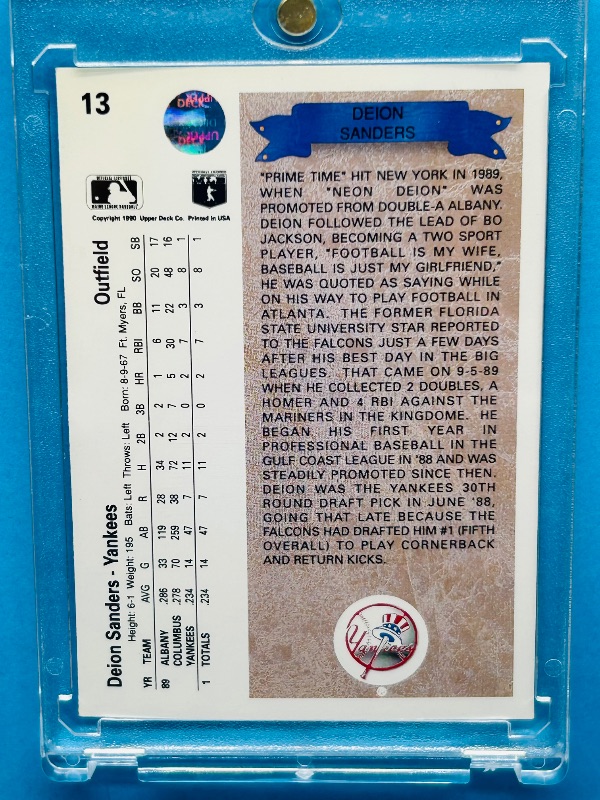 Photo 1 of 025268…Rookie Deion Sanders card 13 in hard plastic case