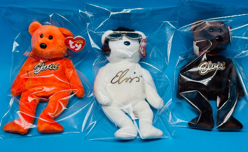 Photo 1 of 025348…3 Elvis  TY beanie babies in plastic bags 