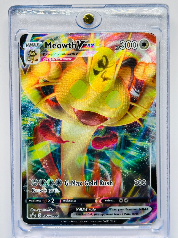 Photo 1 of 025581…Meowth Vmax hologram Pokémon card in hard plastic case