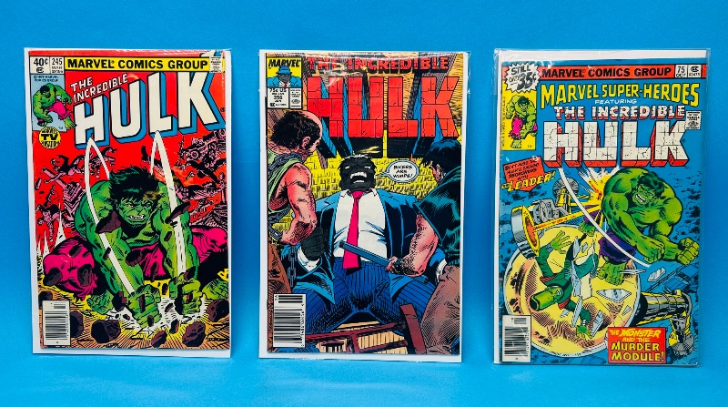 Photo 1 of 025642…3 vintage Hulk  comics in plastic sleeves 
