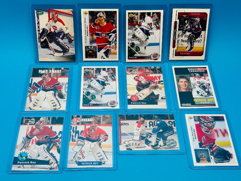 Photo 1 of 025706…12 Patrick Roy cards in hard plastic sleeves