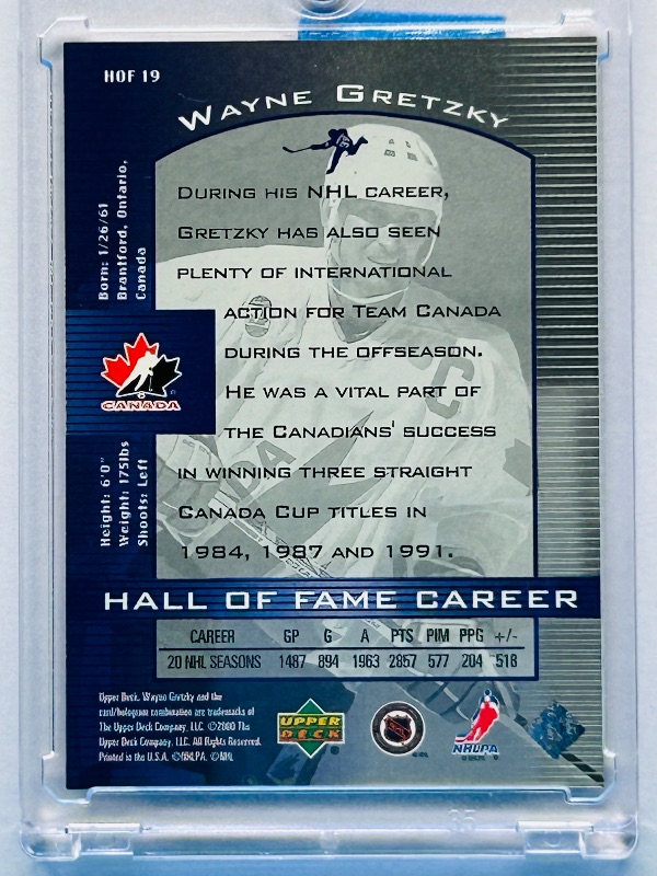 Photo 1 of 025721…Wayne Gretzky HOF card 19 in hard plastic case 