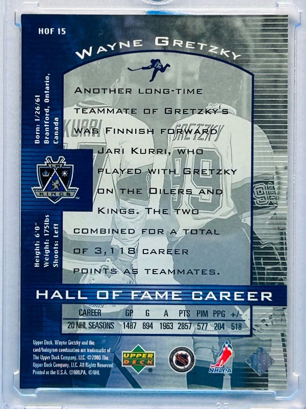 Photo 1 of 025731…  Wayne Gretzky HOF  card 15 in hard plastic case 
