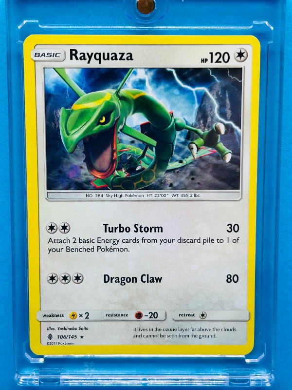 Photo 1 of 025747…Rayquazza Pokémon card in hard plastic case