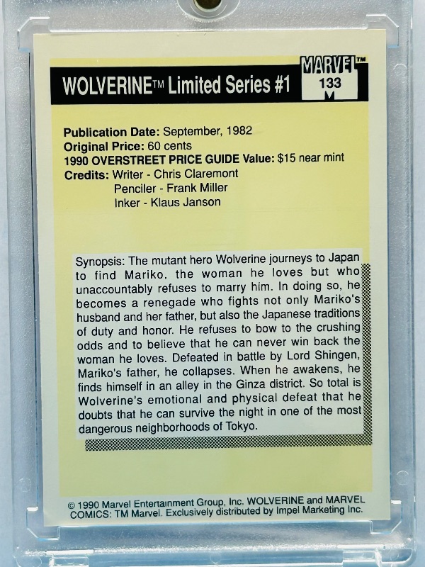 Photo 1 of 025762…Marvel most valuable comics card 133 Wolverine card in hard plastic case