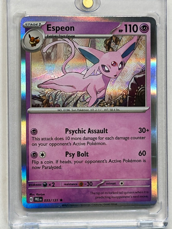 View 1 of 025905…Espeon holo Pokémon card in hard plastic case
