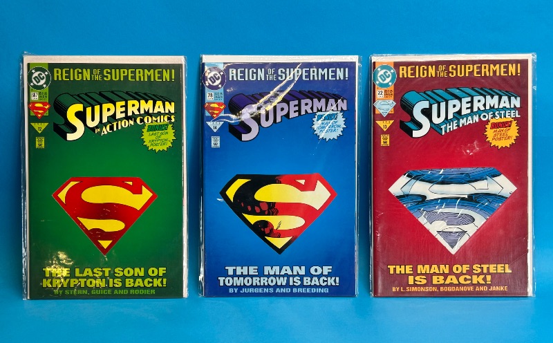 Photo 1 of 025983…3 Superman comics in plastic sleeves