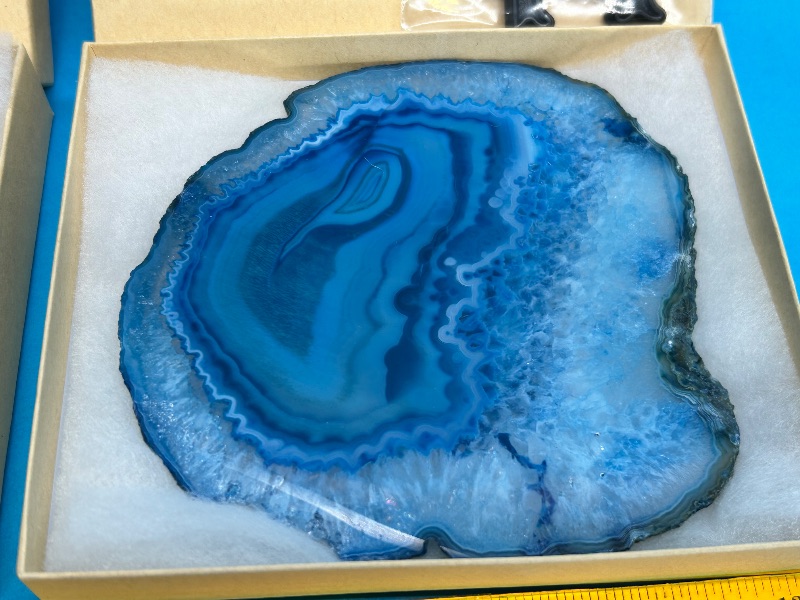 Photo 1 of 025988…2 large 5” agate slices with stands in gift boxes