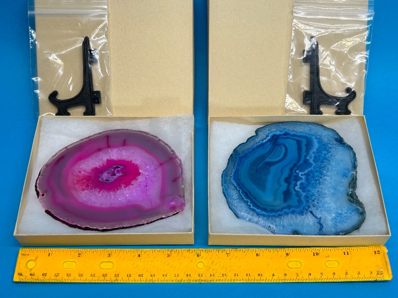 Photo 1 of 025988…2 large 5” agate slices with stands in gift boxes