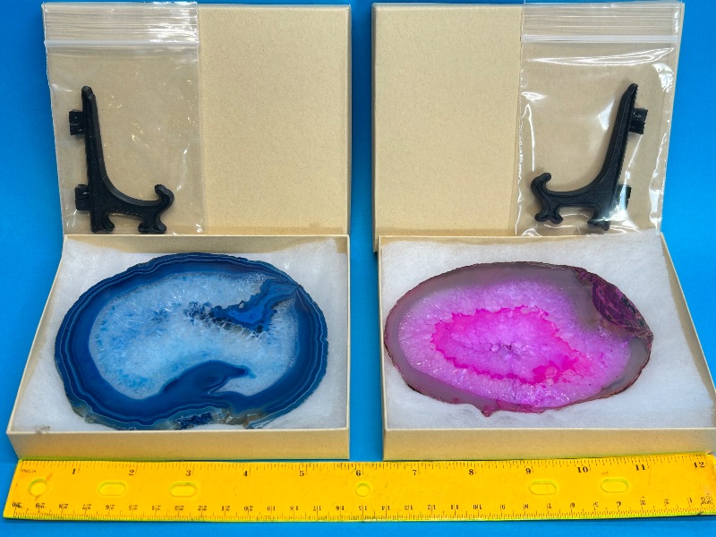 Photo 1 of 025989… 2 large 5” agate slices with stands in gift boxes