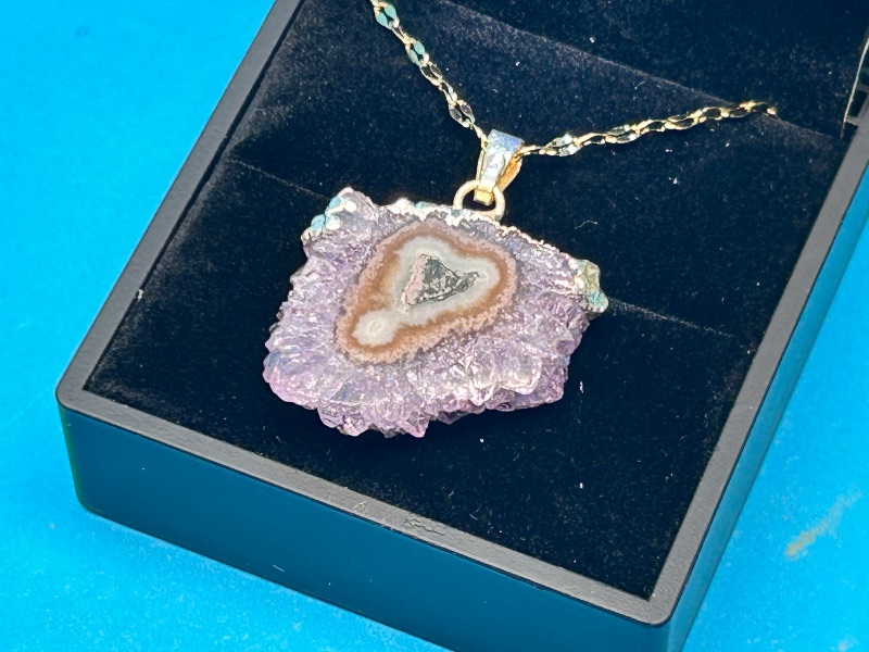Photo 1 of 026008… amethyst stalactite slice pendant on adjustable 18.”-20” chain in lighted gift box 