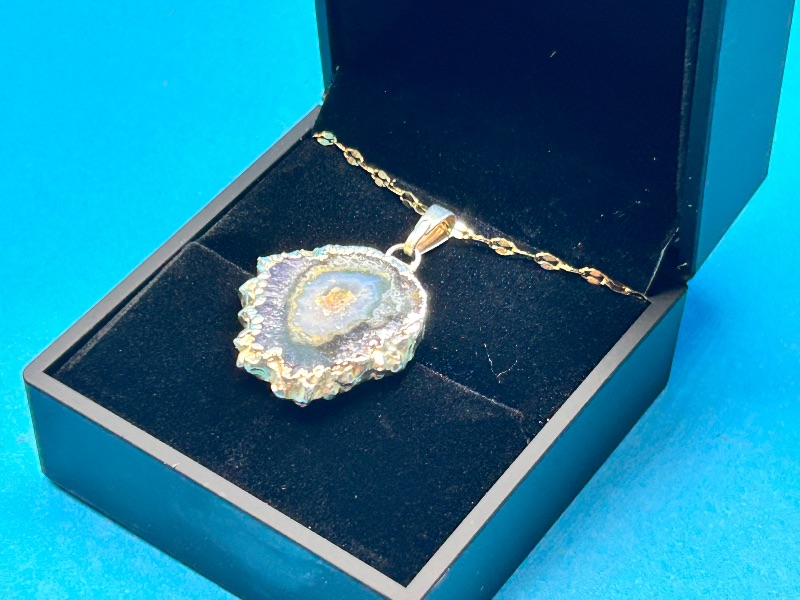 Photo 1 of 026009… amethyst stalactite slice pendant on adjustable 18.”-20” chain in lighted gift box