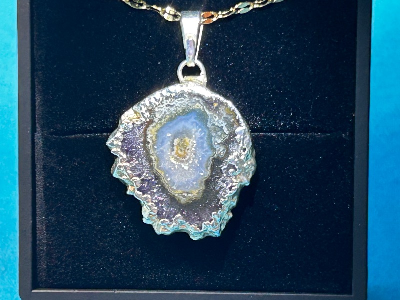 Photo 1 of 026009… amethyst stalactite slice pendant on adjustable 18.”-20” chain in lighted gift box